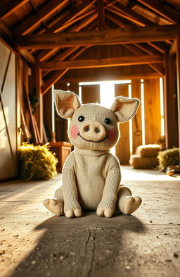 A charming gunnysack pig sitting inside a rustic barn, surrounded by wooden beams and hay bales