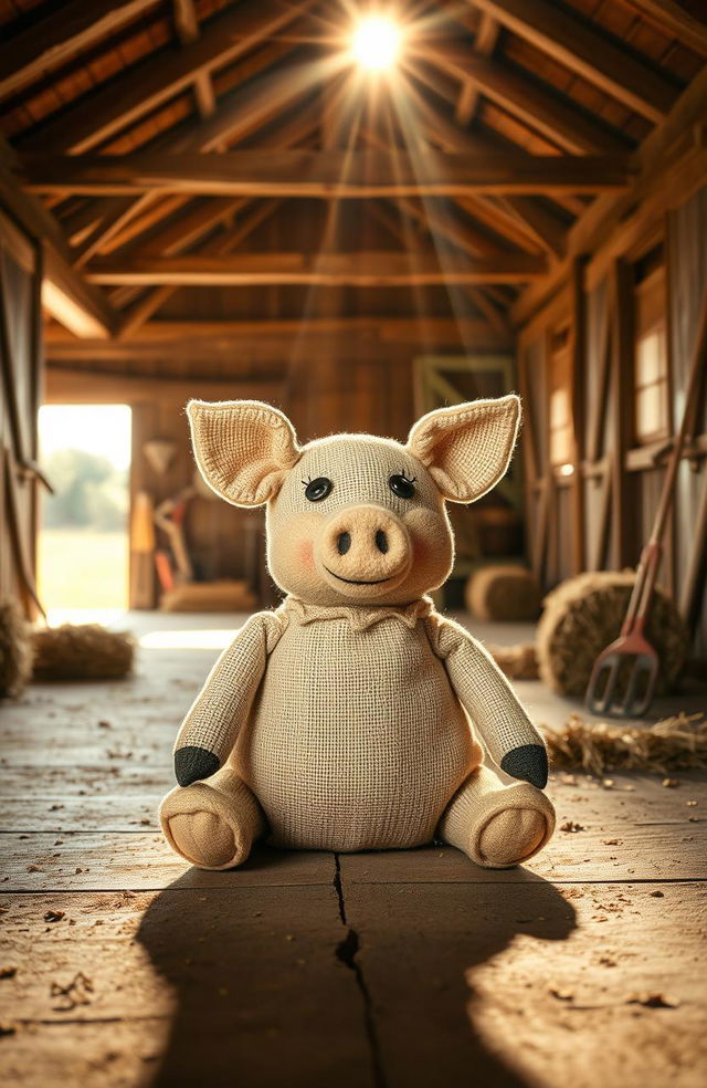 A charming gunnysack pig sitting inside a rustic barn, surrounded by wooden beams and hay bales