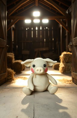 A charming gunnysack pig sitting inside a rustic barn, surrounded by wooden beams and hay bales