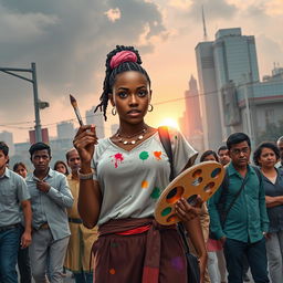 A narrative visual of Thulika, a 26-year-old woman exuding resilience, standing defiantly at a busy urban intersection, embodying her struggle against societal norms