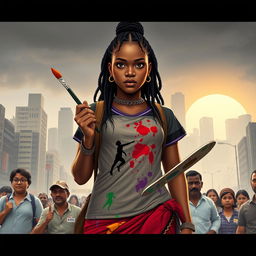 A narrative visual of Thulika, a 26-year-old woman exuding resilience, standing defiantly at a busy urban intersection, embodying her struggle against societal norms