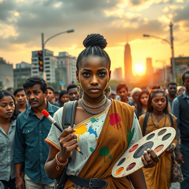 A narrative visual of Thulika, a 26-year-old woman exuding resilience, standing defiantly at a busy urban intersection, embodying her struggle against societal norms