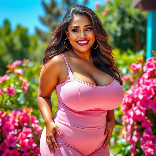 A voluptuous woman with large breasts, confidently posing in a vibrant and colorful environment, showcasing her curves in a beautiful, form-fitting outfit