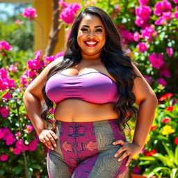 A voluptuous woman with large breasts, confidently posing in a vibrant and colorful environment, showcasing her curves in a beautiful, form-fitting outfit