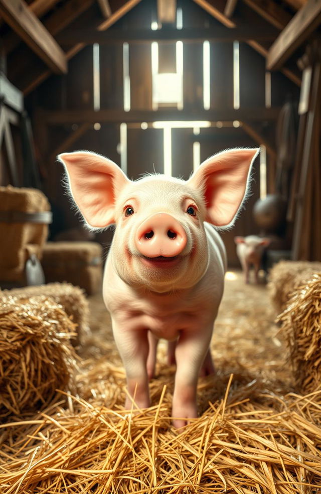 A cheerful pig standing in a cozy barn, surrounded by bales of hay, rustic wooden beams, and soft sunlight pouring through the barn doors