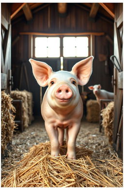 A cheerful pig standing in a cozy barn, surrounded by bales of hay, rustic wooden beams, and soft sunlight pouring through the barn doors