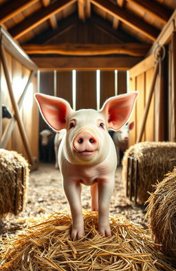 A cheerful pig standing in a cozy barn, surrounded by bales of hay, rustic wooden beams, and soft sunlight pouring through the barn doors