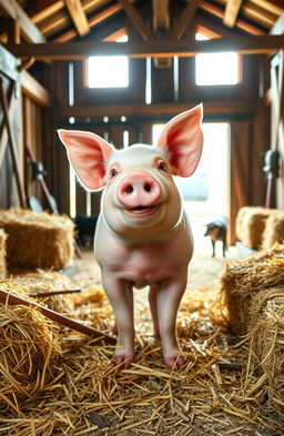 A cheerful pig standing in a cozy barn, surrounded by bales of hay, rustic wooden beams, and soft sunlight pouring through the barn doors