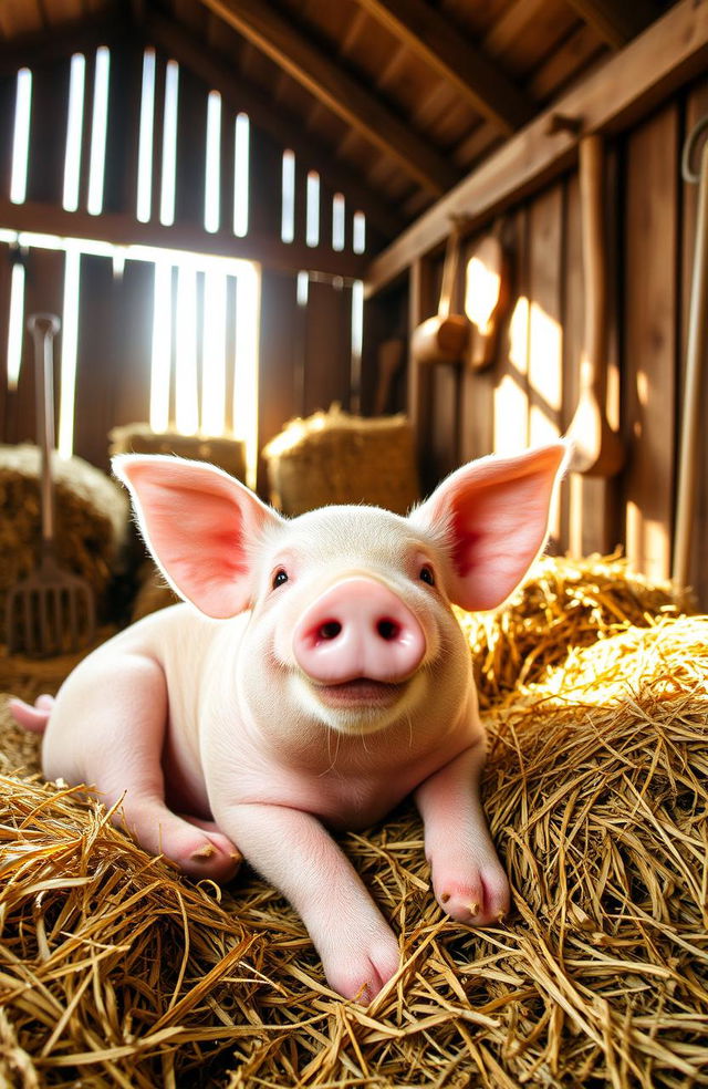 A charming pig relaxing comfortably inside a rustic barn, surrounded by hay bales and wooden beams