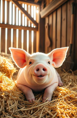 A charming pig relaxing comfortably inside a rustic barn, surrounded by hay bales and wooden beams