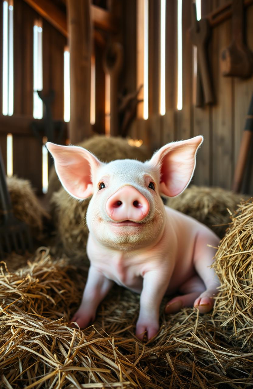 A charming pig relaxing comfortably inside a rustic barn, surrounded by hay bales and wooden beams