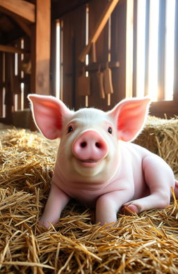 A charming pig relaxing comfortably inside a rustic barn, surrounded by hay bales and wooden beams