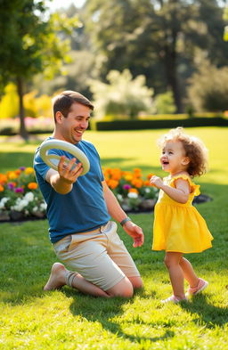 A serene and loving scene of a father and young child playing together in a vibrant park