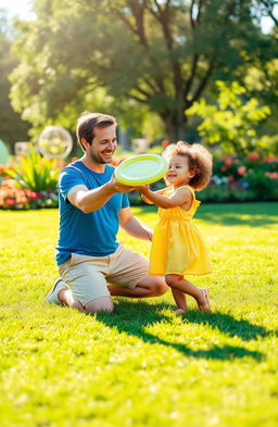 A serene and loving scene of a father and young child playing together in a vibrant park