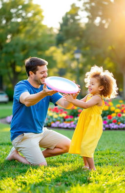 A serene and loving scene of a father and young child playing together in a vibrant park