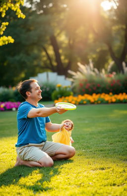 A serene and loving scene of a father and young child playing together in a vibrant park
