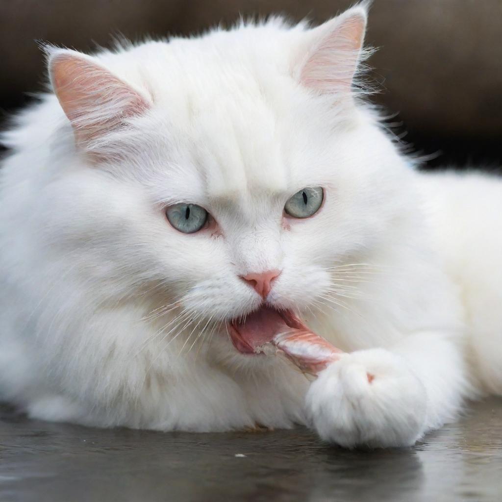 A fluffy white cat delightfully nibbling on a fresh fish