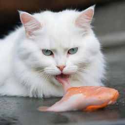 A fluffy white cat delightfully nibbling on a fresh fish