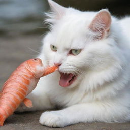 A fluffy white cat delightfully nibbling on a fresh fish