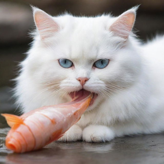 A fluffy white cat delightfully nibbling on a fresh fish