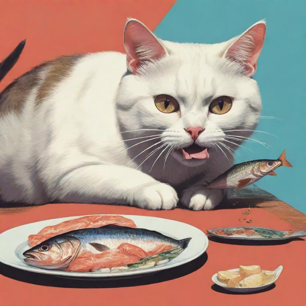 A cat eating a fish in the bold, illustrative style similar to Grand Theft Auto cover art