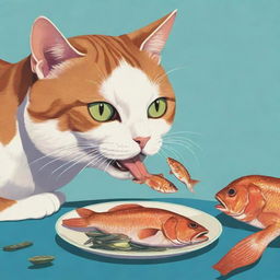 A cat eating a fish in the bold, illustrative style similar to Grand Theft Auto cover art