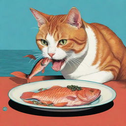 A cat eating a fish in the bold, illustrative style similar to Grand Theft Auto cover art