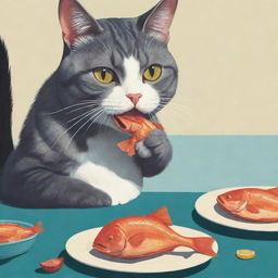 A cat eating a fish in the bold, illustrative style similar to Grand Theft Auto cover art