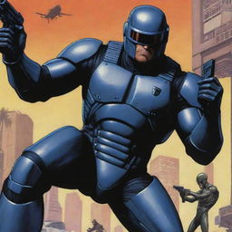 Robocop targeting a monkey in a high-action scene, rendered in the distinctive, bold style of Grand Theft Auto cover art