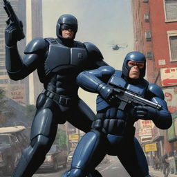 Robocop targeting a monkey in a high-action scene, rendered in the distinctive, bold style of Grand Theft Auto cover art