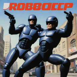 Robocop targeting a monkey in a high-action scene, rendered in the distinctive, bold style of Grand Theft Auto cover art