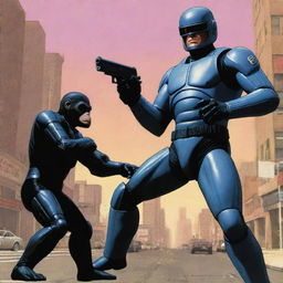 Robocop targeting a monkey in a high-action scene, rendered in the distinctive, bold style of Grand Theft Auto cover art