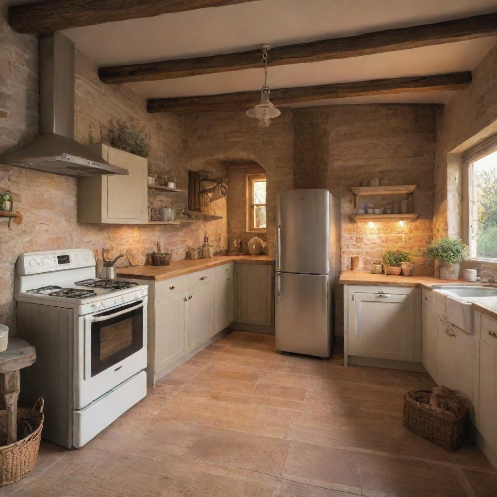 A quaint countryside cottage, bathed in the warm glow of a sunset, with modern appliances such as a stainless steel refrigerator and an elegant oven range tastefully incorporated into the rustic decor