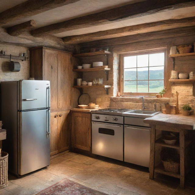 A quaint countryside cottage, bathed in the warm glow of a sunset, with modern appliances such as a stainless steel refrigerator and an elegant oven range tastefully incorporated into the rustic decor