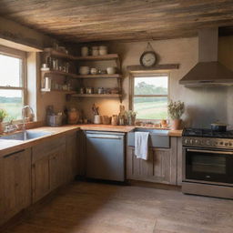 A quaint countryside cottage, bathed in the warm glow of a sunset, with modern appliances such as a stainless steel refrigerator and an elegant oven range tastefully incorporated into the rustic decor