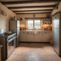 A quaint countryside cottage, bathed in the warm glow of a sunset, with modern appliances such as a stainless steel refrigerator and an elegant oven range tastefully incorporated into the rustic decor