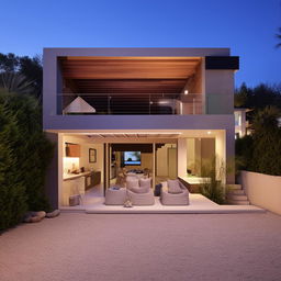 A modern 130m² house with a spacious, open-plan salon featuring contemporary design elements and sleek furnishings.