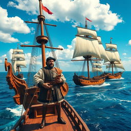 A grand historical scene illustrating the first voyage around the world led by Antonio Pigafetta