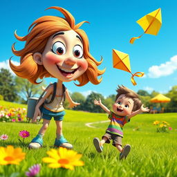 An artistic depiction of a whimsical, colorful cartoon world filled with oversized, playful characters