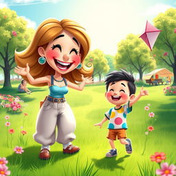 An artistic depiction of a whimsical, colorful cartoon world filled with oversized, playful characters