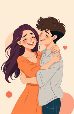 A young man and woman embracing each other in a flat illustrative style, warm and vibrant colors, minimalistic background, soft lines and smooth shapes, conveying a sense of love and connection, both characters with joyful expressions and stylish outfits, the young man has short hair and is wearing a casual shirt, while the young woman has long hair styled freely and is dressed in a flowy dress, their surroundings featuring abstract shapes