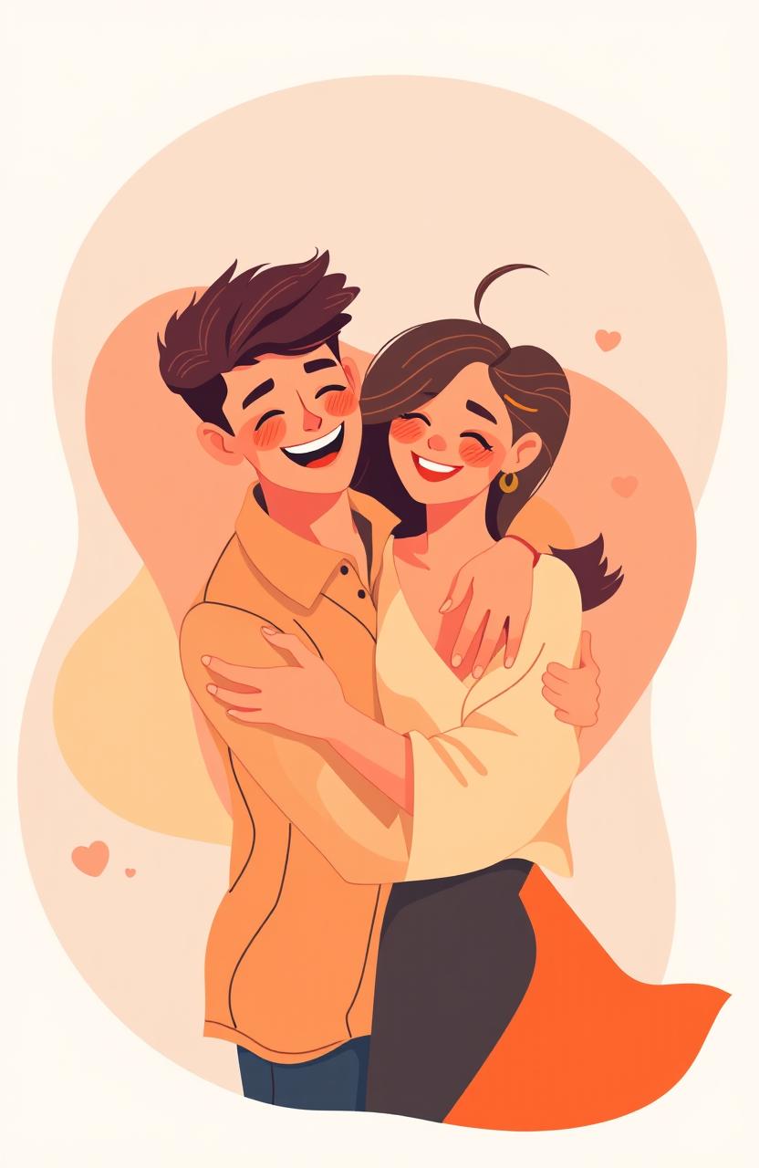 A young man and woman embracing each other in a flat illustrative style, warm and vibrant colors, minimalistic background, soft lines and smooth shapes, conveying a sense of love and connection, both characters with joyful expressions and stylish outfits, the young man has short hair and is wearing a casual shirt, while the young woman has long hair styled freely and is dressed in a flowy dress, their surroundings featuring abstract shapes