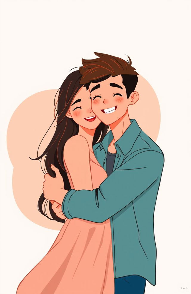 A young man and woman embracing each other in a flat illustrative style, warm and vibrant colors, minimalistic background, soft lines and smooth shapes, conveying a sense of love and connection, both characters with joyful expressions and stylish outfits, the young man has short hair and is wearing a casual shirt, while the young woman has long hair styled freely and is dressed in a flowy dress, their surroundings featuring abstract shapes