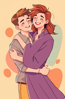 A young man and woman embracing each other in a flat illustrative style, warm and vibrant colors, minimalistic background, soft lines and smooth shapes, conveying a sense of love and connection, both characters with joyful expressions and stylish outfits, the young man has short hair and is wearing a casual shirt, while the young woman has long hair styled freely and is dressed in a flowy dress, their surroundings featuring abstract shapes