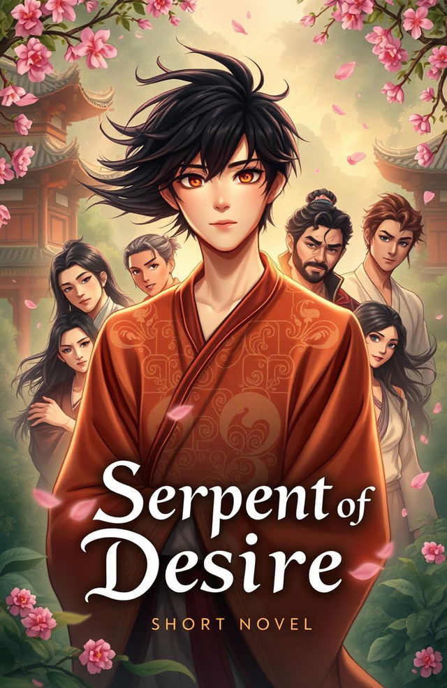 A fantasy short novel cover illustration for "Serpent of Desire", featuring a young male protagonist in ancient China surrounded by eight alluring figures, each representing one of the men he falls in love with