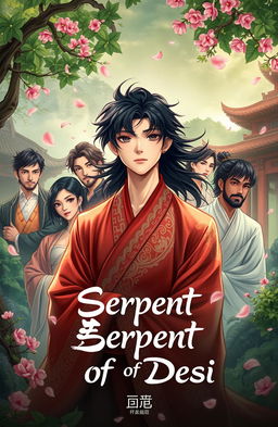 A fantasy short novel cover illustration for "Serpent of Desire", featuring a young male protagonist in ancient China surrounded by eight alluring figures, each representing one of the men he falls in love with