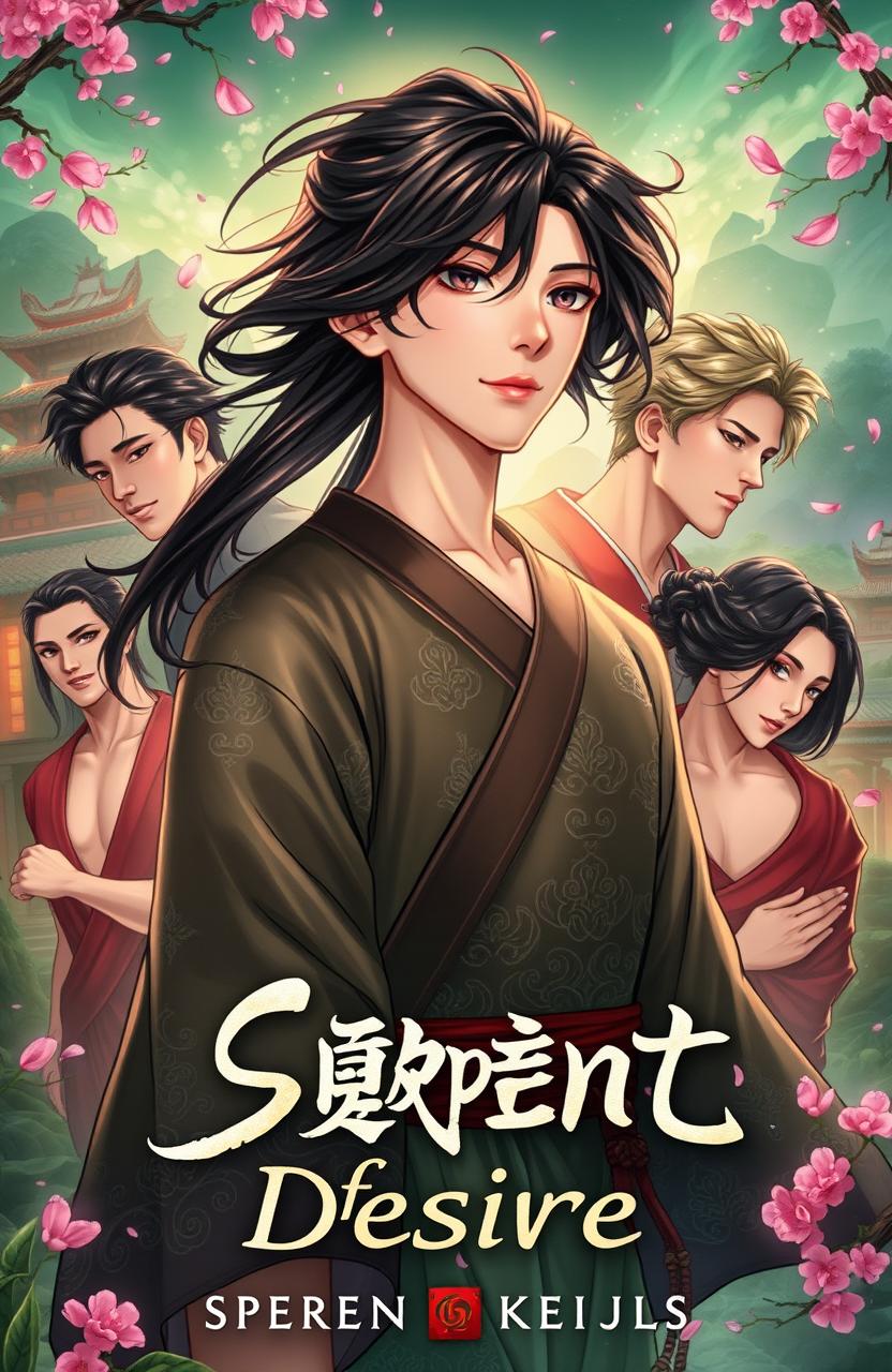 A fantasy short novel cover illustration for "Serpent of Desire", featuring a young male protagonist in ancient China surrounded by eight alluring figures, each representing one of the men he falls in love with