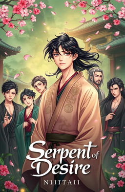 A fantasy short novel cover illustration for "Serpent of Desire", featuring a young male protagonist in ancient China surrounded by eight alluring figures, each representing one of the men he falls in love with