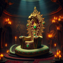 A majestic serpent's throne, embellished with intricate gold and emeralds, set in an opulent ancient chamber