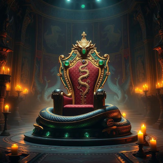 A majestic serpent's throne, embellished with intricate gold and emeralds, set in an opulent ancient chamber